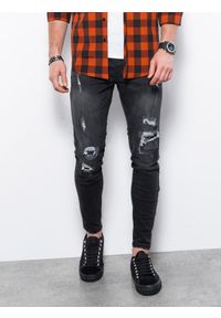 Ombre Clothing - Spodnie męskie jeansowe z dziurami SLIM FIT P1078 - czarne - XXL. Kolor: czarny. Materiał: jeans #5