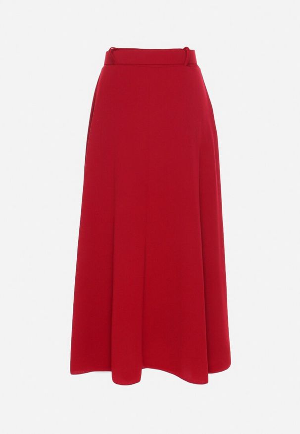 Born2be - Bordowa Rozkloszowana Spódnica z Wysokim Stanem Ozdobiona Paskiem z Klamrą Lobir. Okazja: na co dzień. Stan: podwyższony. Kolor: czerwony. Materiał: jedwab. Wzór: aplikacja. Styl: casual, elegancki