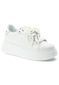 CheBello - Sneakersy damskie Chebello, cholewka ze skóry naturalnej gładkiej klasyczne sznurowanie ozdobne detale masywna podeszwa zapewniająca stabilność i wyg. Okazja: na co dzień. Zapięcie: sznurówki. Kolor: biały. Materiał: skóra. Szerokość cholewki: normalna. Wzór: gładki. Obcas: na platformie. Styl: klasyczny #8