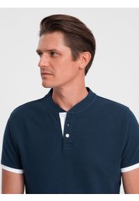 Ombre Clothing - Koszulka męska polo bez kołnierzyka - granatowa V4. Typ kołnierza: polo, bez kołnierzyka. Kolor: niebieski. Materiał: bawełna. Długość: długie #6