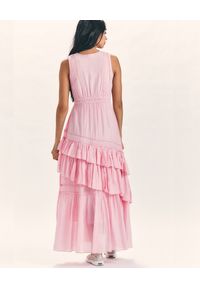 LOVE SHACK FANCY - Różowa sukienka maxi Jordie. Kolor: wielokolorowy, fioletowy, różowy. Materiał: tkanina, jedwab, bawełna. Wzór: aplikacja. Długość: maxi