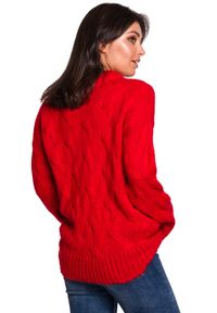 BE Knit - Sweter damski wełniany luźny fason ciepły puszysty czerwony. Kolekcja: plus size. Kolor: czerwony. Materiał: wełna. Długość rękawa: długi rękaw. Długość: długie. Wzór: ze splotem. Sezon: jesień, zima. Styl: klasyczny #4