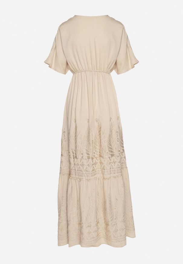 Born2be - Beżowa Kopertowa Sukienka z Wiskozy Ozdobiona Frędzlami Redare. Okazja: na co dzień. Typ kołnierza: dekolt w serek. Kolor: beżowy. Materiał: wiskoza. Wzór: aplikacja. Typ sukienki: kopertowe. Styl: casual, klasyczny, boho