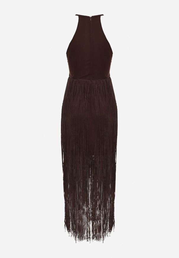 Renee - Brązowa Sukienka Wieczorowa na Ramiączkach z Ozdobnymi Frędzlami Glystarish. Kolor: brązowy. Długość rękawa: na ramiączkach. Styl: wizytowy. Długość: maxi