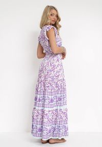 Born2be - Fioletowa Rozkloszowana Sukienka z Gumką w Talii i Guzikami Kambrey. Kolor: fioletowy. Długość rękawa: krótki rękaw. Sezon: lato, wiosna #5