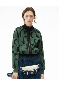 Kenzo - KENZO - Rozpinany sweter z monogramem. Kolor: zielony. Materiał: materiał, prążkowany. Długość rękawa: długi rękaw. Długość: długie. Wzór: aplikacja #1