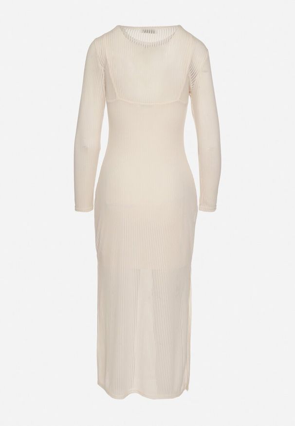 Born2be - Jasnobeżowa Sukienka Siateczkowa w Prążki z Wiskozą Niniria. Okazja: na co dzień. Kolor: beżowy. Materiał: wiskoza. Długość rękawa: na ramiączkach. Wzór: prążki. Typ sukienki: proste. Styl: casual, elegancki