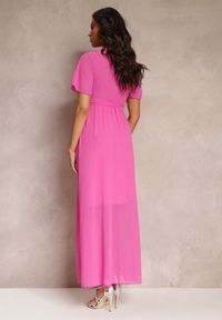 Renee - Fuksjowa Plisowana Sukienka z Kopertowym Dekoltem i Gumką w Talii Dimitris. Kolor: różowy. Materiał: materiał. Typ sukienki: kopertowe #4