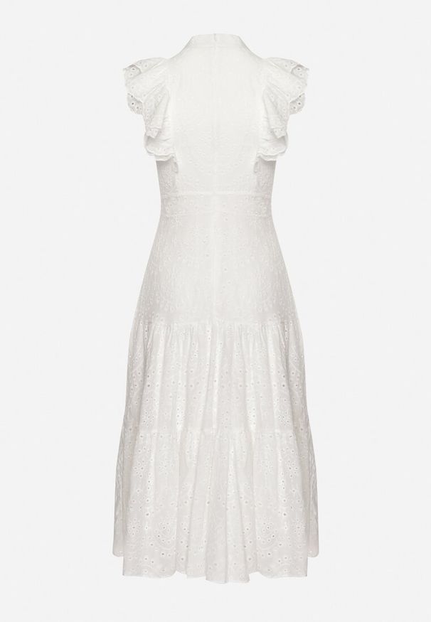 Born2be - Biała Sukienka Ażurowa z Falbankami Perełkami i Stójką Orintia. Typ kołnierza: kołnierz z falbankami, kołnierzyk stójkowy. Kolor: biały. Wzór: ażurowy. Sezon: lato. Typ sukienki: rozkloszowane