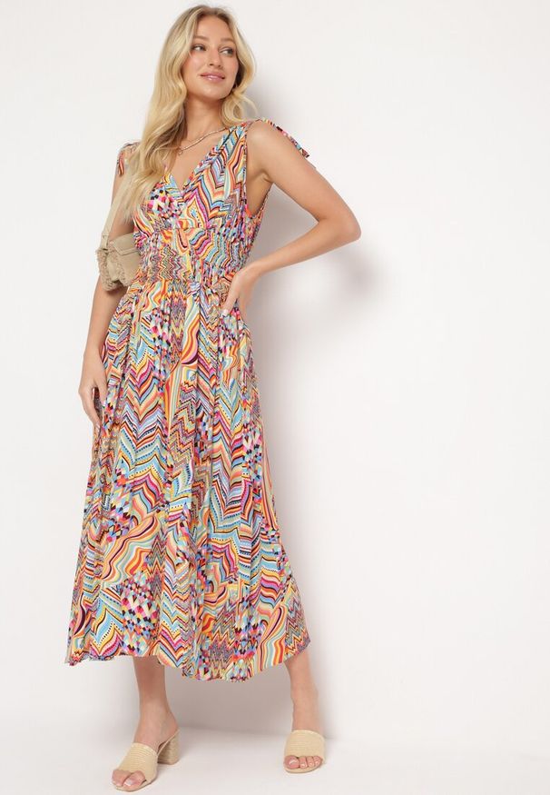 Born2be - Żółto-Różowa Rozkloszowana Sukienka w Stylu Boho z Trójkątnym Dekoltem i Gumką w Talii Galleri. Okazja: na co dzień. Kolor: żółty. Typ sukienki: proste, rozkloszowane. Styl: boho