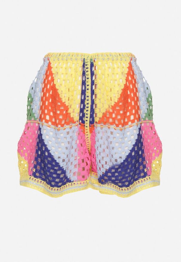 Born2be - Różowo-Żółte Szorty z Bawełną w Geometryczny Ażurowy Wzór Tilenea. Okazja: na co dzień. Kolor: żółty. Materiał: bawełna. Wzór: ażurowy, geometria. Sezon: lato. Styl: klasyczny, casual, elegancki