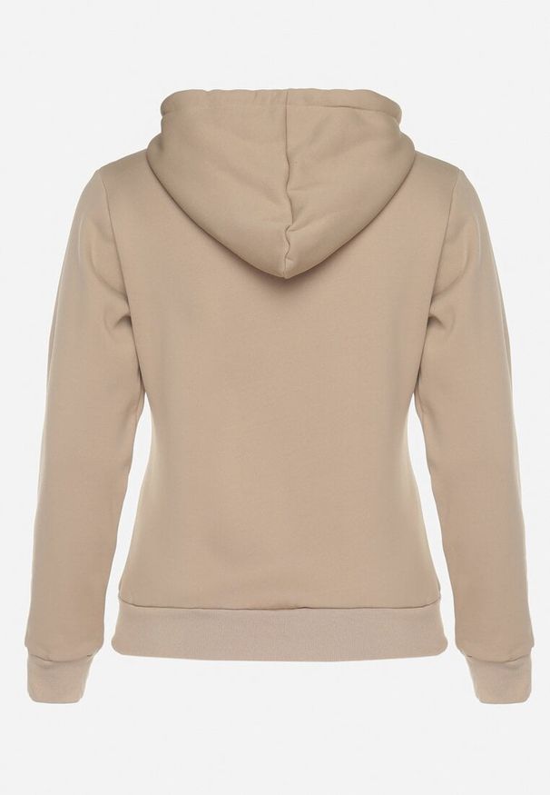 Born2be - Ciemnobeżowa Bluza z Dodatkiem Bawełny i Kapturem Ozdobiona Sznurkami Alisara. Kolor: beżowy. Materiał: bawełna. Wzór: aplikacja