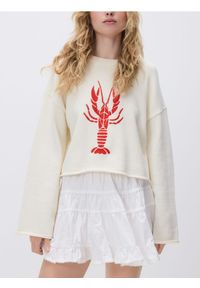 Reserved - Sweter z haftem - kremowy. Kolor: kremowy. Materiał: bawełna, dzianina. Wzór: haft #1
