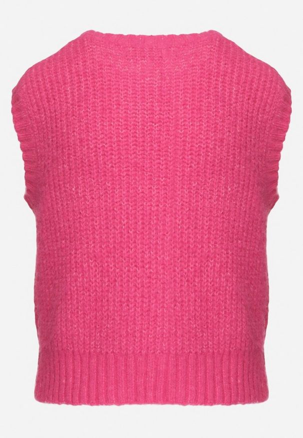 Born2be - Różowa Prążkowana Kamizelka z Wełną w Stylu Sweterka Sintille. Kolor: różowy. Materiał: prążkowany, wełna. Wzór: prążki, aplikacja. Styl: elegancki