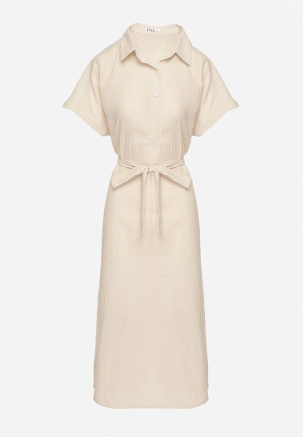 Born2be - Beżowa Sukienka z Wiskozy o Koszulowym Kroju z Wiązanym Paskiem Danisna. Okazja: na co dzień. Kolor: beżowy. Materiał: wiskoza. Długość rękawa: krótki rękaw. Wzór: aplikacja. Typ sukienki: koszulowe. Styl: elegancki, klasyczny, casual. Długość: midi