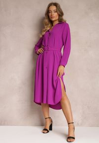 Renee - Fioletowa Sukienka Koszulowa z Paskiem Vartivar. Kolor: fioletowy. Materiał: materiał. Długość rękawa: długi rękaw. Typ sukienki: koszulowe. Styl: klasyczny, elegancki. Długość: midi #3