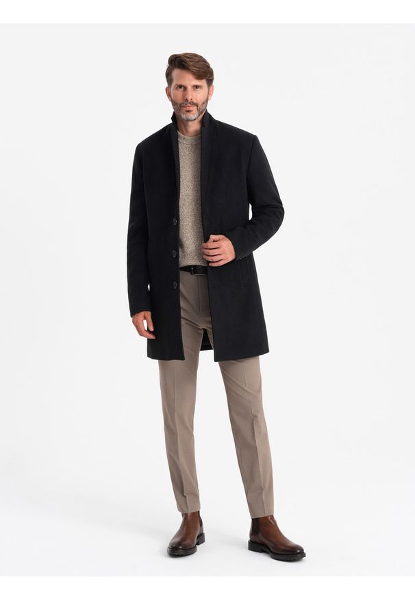 Ombre Clothing - Jednorzędowy długi płaszcz męski w stylu garniturowym – czarny V1. Kolor: czarny. Materiał: tkanina, poliester, materiał. Długość: długie. Wzór: jednolity. Styl: elegancki