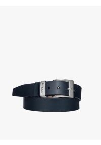 Ryłko - Granatowy pasek męski z logotypem na klamrze. Kolor: niebieski. Materiał: skóra. Styl: street #1