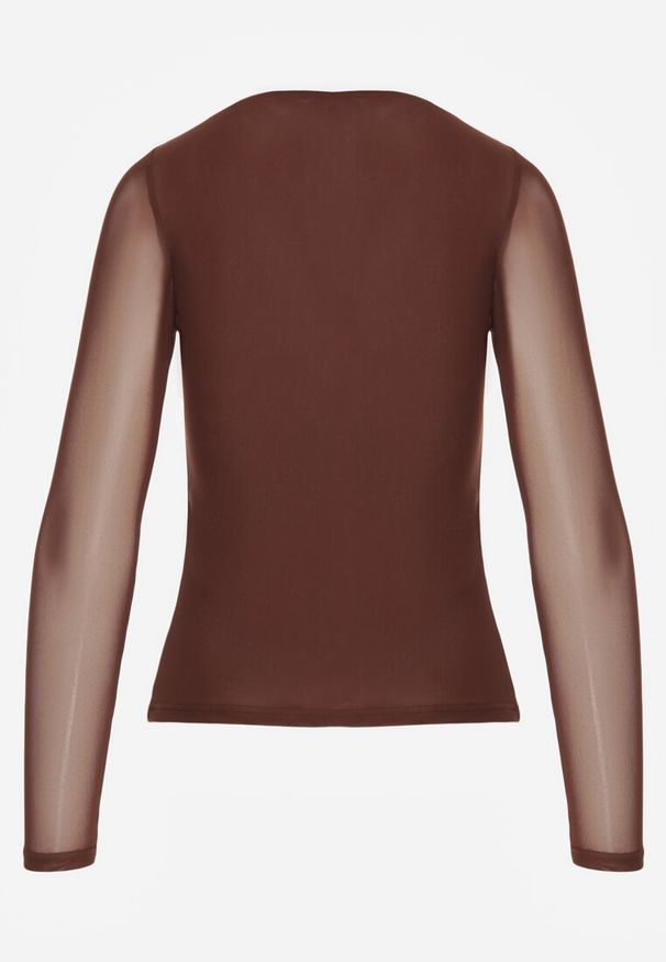 Renee - Brązowa Bluzka Longsleeve z Siateczki z Wiskozą z Dekoltem w Serce Elinevia. Kolor: brązowy. Materiał: wiskoza. Długość rękawa: długi rękaw