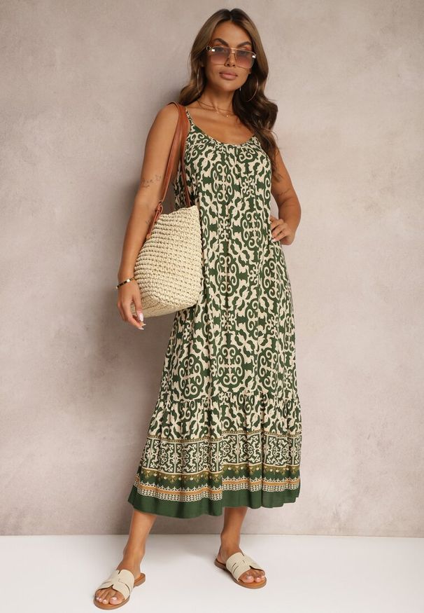 Renee - Ciemnozielona Rozkloszowana Sukienka z Bawełny na Cienkich Ramiączkach Nellmaira. Okazja: na imprezę. Kolor: zielony. Materiał: bawełna. Długość rękawa: na ramiączkach. Sezon: lato