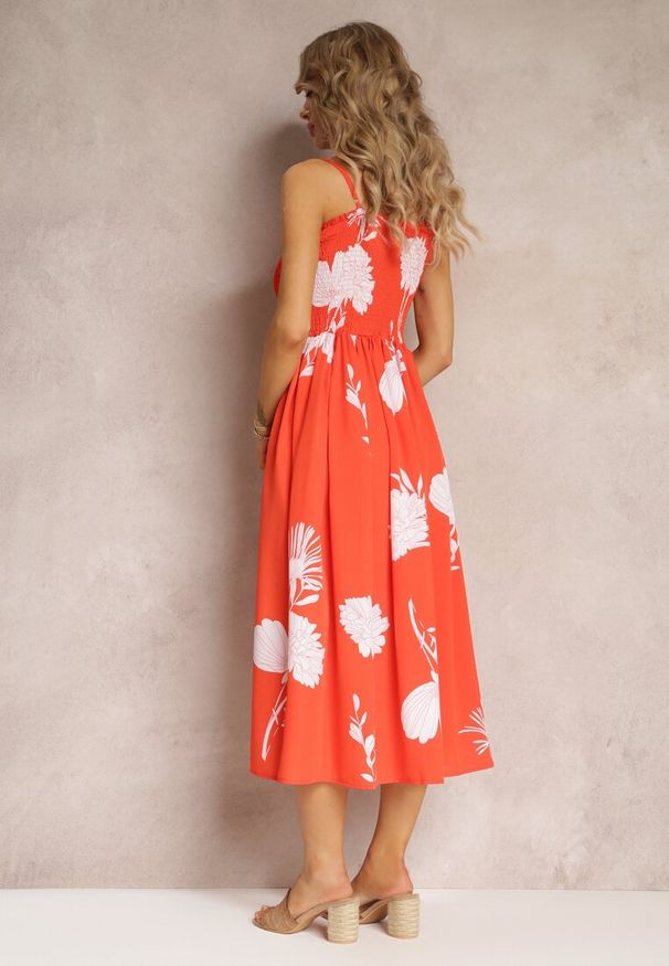 Renee - Pomarańczowa Rozkloszowana Sukienka w Kwiaty Cronida. Kolor: pomarańczowy. Długość rękawa: na ramiączkach. Wzór: kwiaty