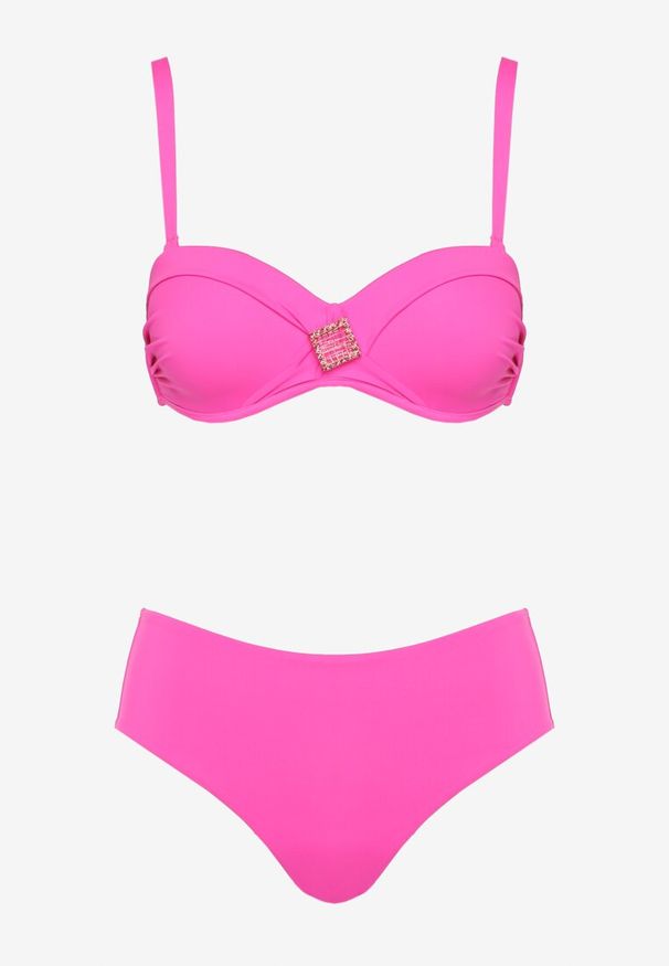 Renee - Fuksjowe Bikini Biustonosz Ozdobiony Geometryczną Aplikacją i Majtki Figi Kinrina. Kolor: różowy. Wzór: aplikacja, geometria