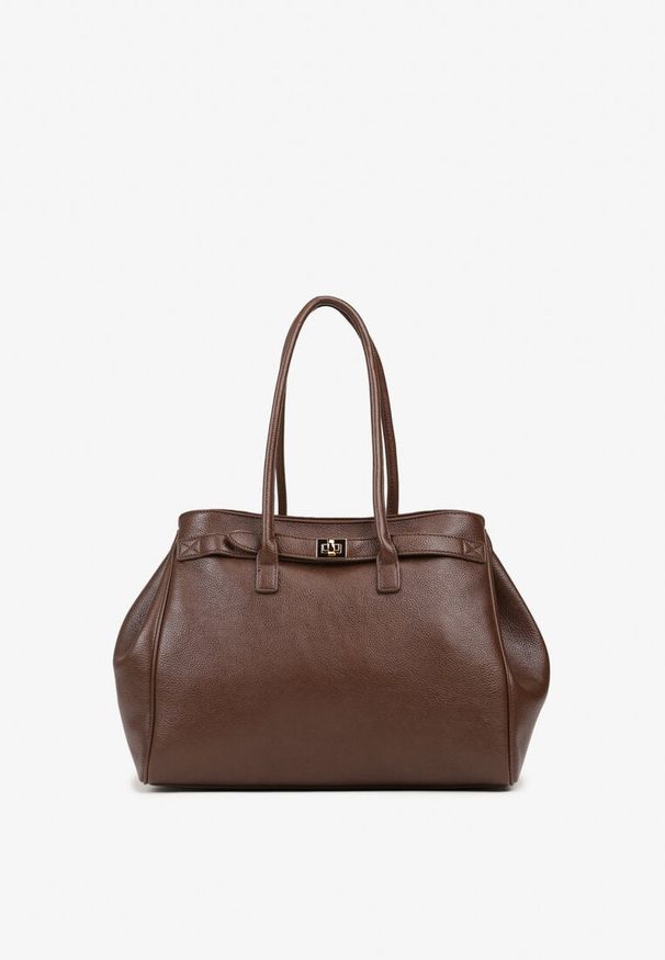 Renee - Brązowa Torebka Shopper z Dwoma Rączkami Ozdobiona Paskiem z Klamrą Remisse. Kolor: brązowy. Wzór: aplikacja. Styl: klasyczny, casual, elegancki. Rodzaj torebki: na ramię