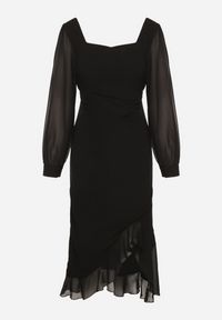 Born2be - Czarna Taliowana Sukienka VICES z Falbankami i Bufiastymi Rękawami Aruvita. Okazja: na ślub cywilny, na wesele. Typ kołnierza: kołnierz z falbankami. Kolor: czarny. Materiał: lakier. Typ sukienki: oversize. Styl: klasyczny #7