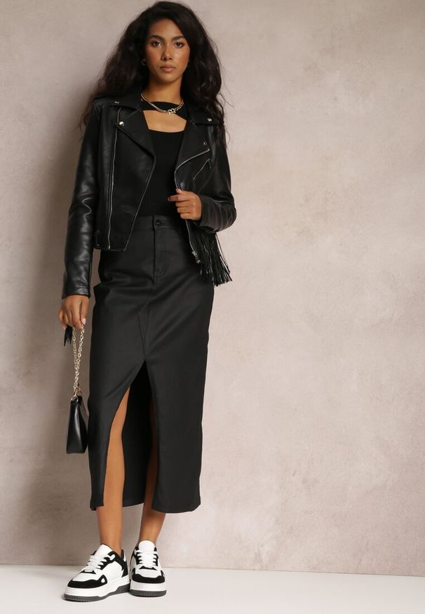 Renee - Czarna Midi Spódnica High Waist z Guzikiem i Kieszeniami oraz Suwakiem Navitta. Stan: podwyższony. Kolor: czarny. Materiał: materiał. Wzór: gładki, jednolity