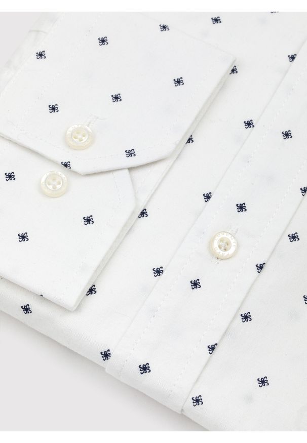 Pako Lorente - PAKO LORENTE – Biała koszula męska w granatowy drobny print. Typ kołnierza: kołnierzyk klasyczny. Kolor: biały, niebieski, wielokolorowy. Materiał: bawełna, elastan. Długość rękawa: długi rękaw. Długość: długie. Wzór: nadruk. Styl: klasyczny