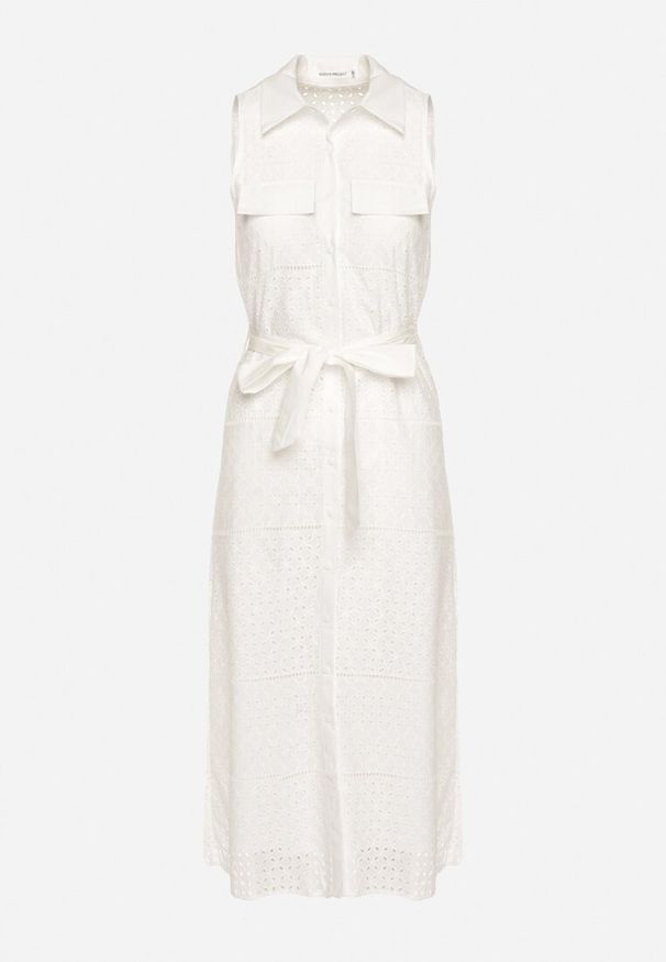 Born2be - Biała Bawełniana Sukienka Ażurowa o Koszulowym Kroju z Materiałowym Paskiem w Talii Vikiiana. Kolor: biały. Materiał: materiał, bawełna. Wzór: ażurowy. Typ sukienki: koszulowe. Styl: elegancki, wizytowy