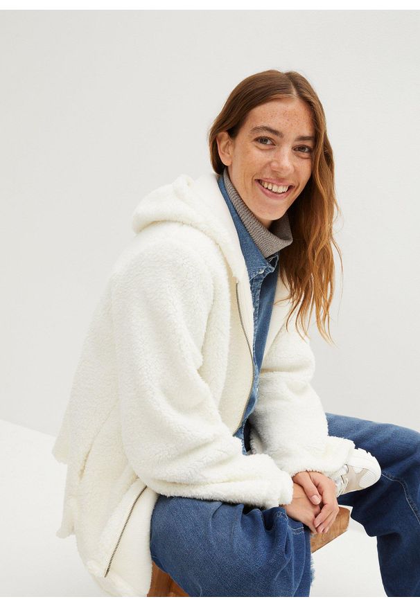 bonprix - Bluza rozpinana z polaru baranka, o linii litery A, z rozcięciami po bokach. Kolor: biały. Materiał: polar