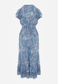 Renee - Niebieska Bawełniana Sukienka Paisley z Kopertowym Dekoltem z Falbaną i Gumką w Talii Brionea. Okazja: na co dzień. Typ kołnierza: dekolt kopertowy. Kolor: niebieski. Materiał: bawełna. Długość rękawa: krótki rękaw. Wzór: paisley. Typ sukienki: kopertowe. Styl: casual, elegancki #6