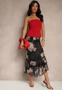Renee - Czarna Dopasowana Spódnica z Ozdobną Falbaną Efravaria. Okazja: na co dzień, na spotkanie biznesowe. Kolor: czarny. Styl: biznesowy, elegancki, casual