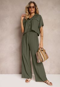 Renee - Ciemnozielony 2-Częściowy Komplet z Wiskozy Koszula o Luźnym Kroju Szerokie Spodnie Velvitela. Kolor: zielony. Materiał: wiskoza. Wzór: bez wzorów #3