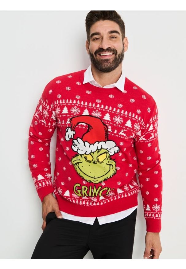 Sinsay - Sweter ze świątecznym motywem Grinch - czerwony. Kolor: czerwony. Styl: wizytowy