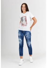 Guess - GUESS Biały t-shirt damski bawełniany z nadrukiem, Rozmiar XS. Kolor: biały. Materiał: bawełna. Długość rękawa: krótki rękaw. Wzór: nadruk #4