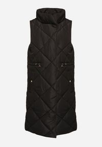 Born2be - Czarna Pikowana Kamizelka o Długim Kroju ze Stójką i Kieszeniami Avatheia. Okazja: na co dzień. Typ kołnierza: kołnierzyk stójkowy. Kolor: czarny. Materiał: jeans. Długość: długie. Wzór: aplikacja. Styl: klasyczny, casual, elegancki #5