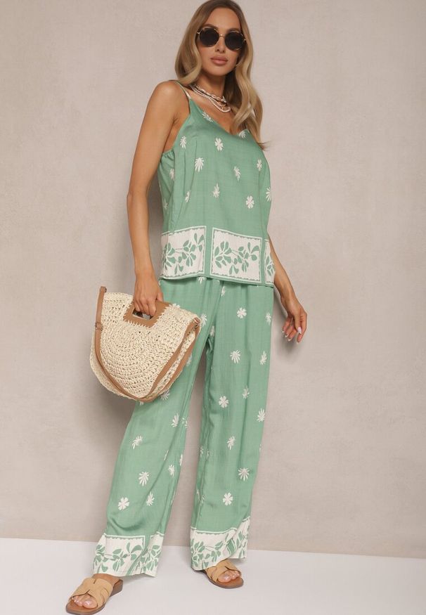 Renee - Miętowy Kwiatowy Komplet z Wiskozy Spodnie i Koszulka na Ramiączkach Beldisa. Kolor: zielony. Materiał: wiskoza. Wzór: kwiaty