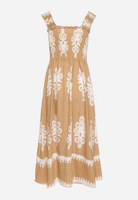 Born2be - Ciemnobeżowa Wiskozowa Sukienka o Rozkloszowanym Kroju w Ornamentny Wzór Adoxie. Okazja: na co dzień, na spacer. Kolor: beżowy. Materiał: wiskoza. Długość rękawa: na ramiączkach. Typ sukienki: rozkloszowane, proste. Styl: klasyczny, casual #3