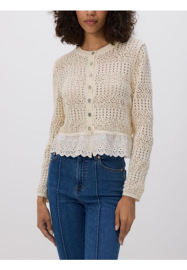 Reserved - Ażurowy kardigan - kremowy. Kolor: kremowy. Materiał: dzianina. Wzór: ażurowy