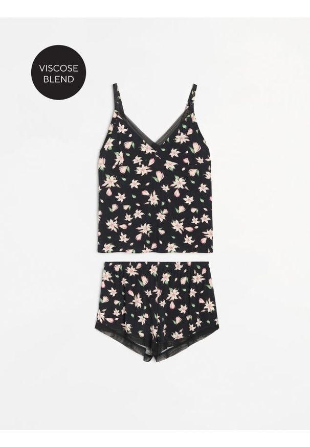 Sinsay - Piżama dwuczęściowa z kwiatowym wzorem - czarny. Kolor: czarny. Wzór: kwiaty