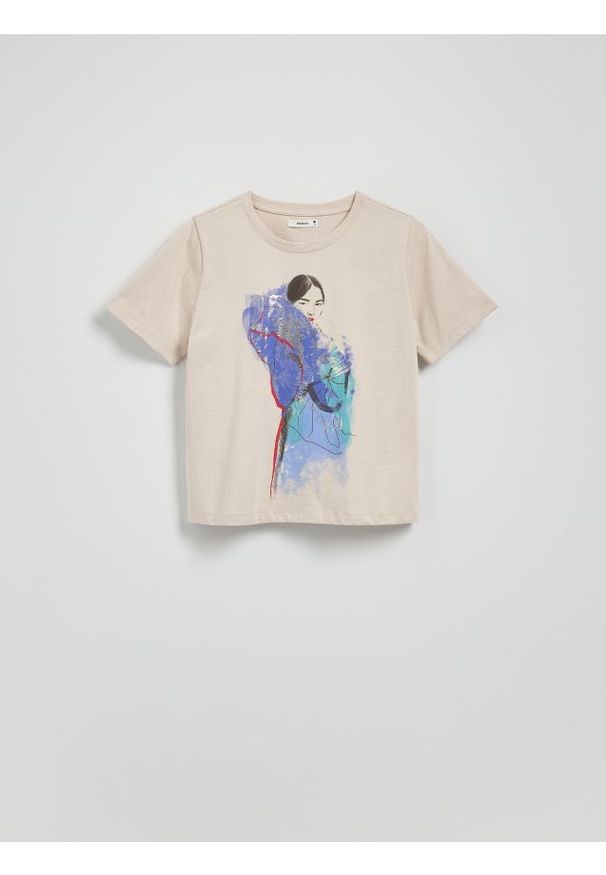 Reserved - T-shirt z nadrukiem - beżowy. Kolor: beżowy. Materiał: bawełna. Wzór: nadruk