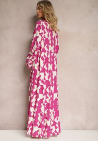 Renee - Fuksjowo-Biała Wiskozowa Sukienka o Rozkloszowanym Kroju z Rozszerzanymi Rękawami Tesakate. Kolor: różowy. Materiał: wiskoza #4