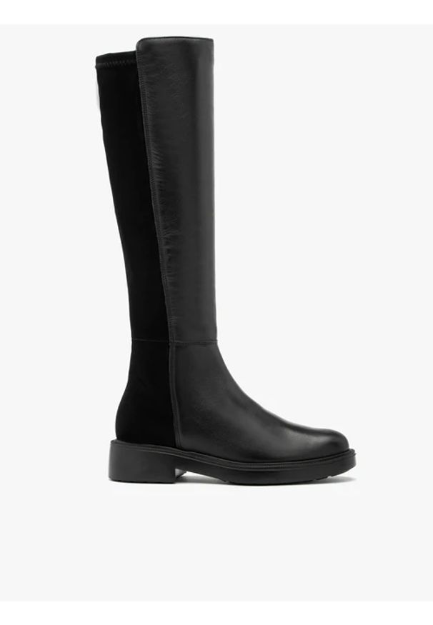 Ryłko - Kozaki damskie z łączonych materiałów. Nosek buta: okrągły. Zapięcie: zamek. Kolor: czarny. Materiał: skóra. Szerokość cholewki: normalna. Styl: street