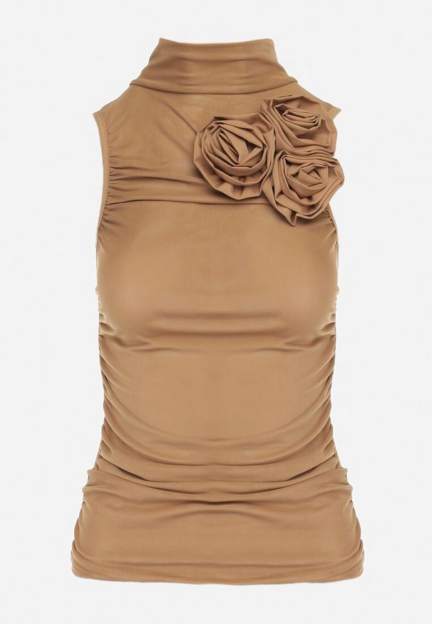 Born2be - Brązowa Bluzka Top bez Rękawów z Golfem z Siateczki Ozdobiona Różyczkami Indesia. Okazja: na spotkanie biznesowe, do pracy. Typ kołnierza: golf. Kolor: brązowy. Długość rękawa: bez rękawów. Wzór: aplikacja. Styl: elegancki, biznesowy