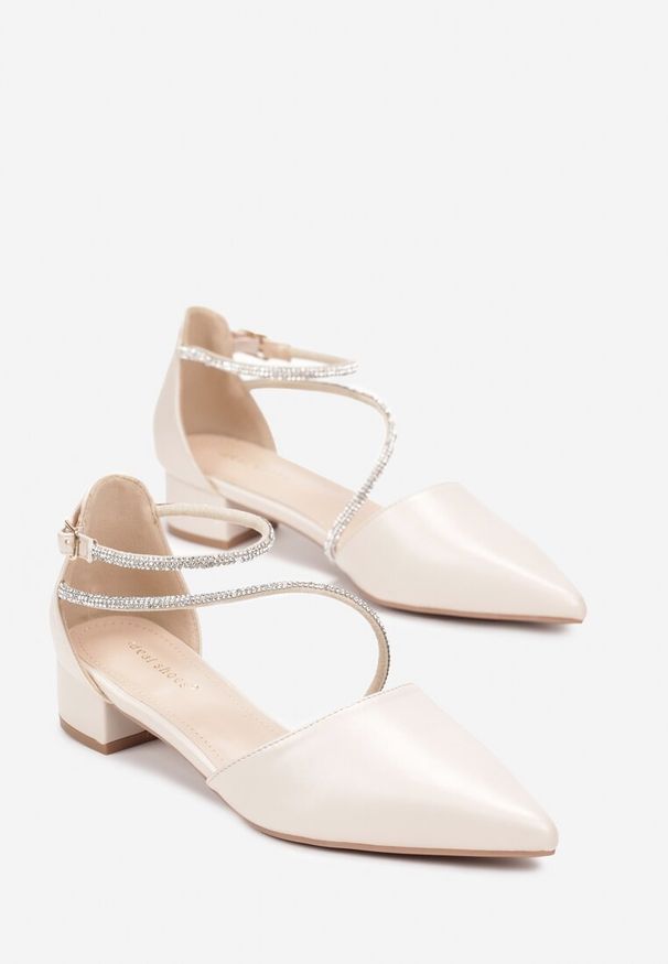 Renee - Beżowe Płaskie Czółenka z Cyrkoniami i Noskiem w Szpic Brilnu. Okazja: do pracy. Nosek buta: szpiczasty. Kolor: beżowy. Wzór: aplikacja. Sezon: lato. Styl: elegancki, klasyczny