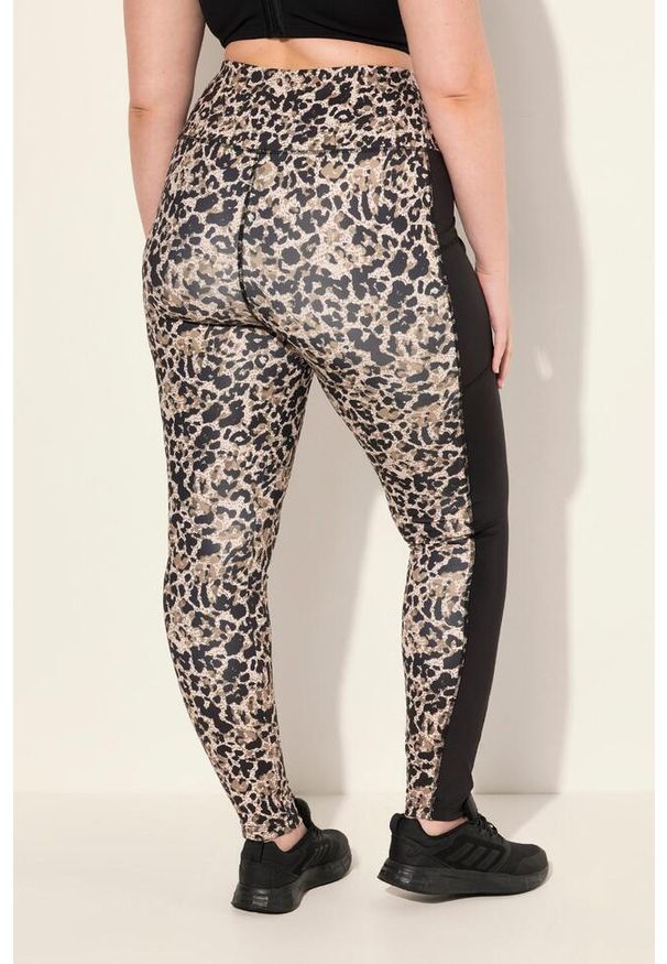 ULLA POPKEN - Damskie Legginsy sportowe szybkoschnące wzór w panterkę z recyklingu. Kolekcja: plus size. Kolor: beżowy. Materiał: poliester, materiał. Wzór: motyw zwierzęcy