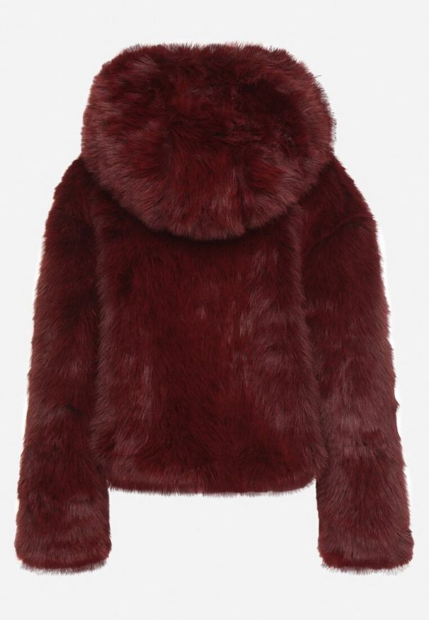 Born2be - Bordowa Futrzana Kurtka z Nieodpinanym Kapturem Zetena. Kolor: czerwony. Materiał: futro. Styl: elegancki, klasyczny