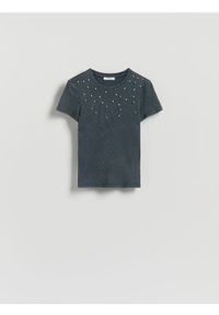 Reserved - T-shirt z ozdobnymi aplikacjami - ciemnoszary. Kolor: szary. Materiał: dzianina, bawełna. Wzór: aplikacja